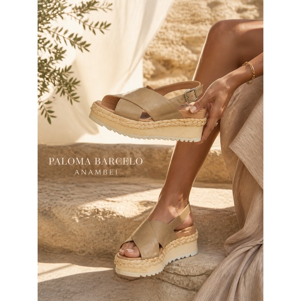 Paloma Barcelo Anambei Platform Slingback Neutral Tone Raffia Wedge EU 39